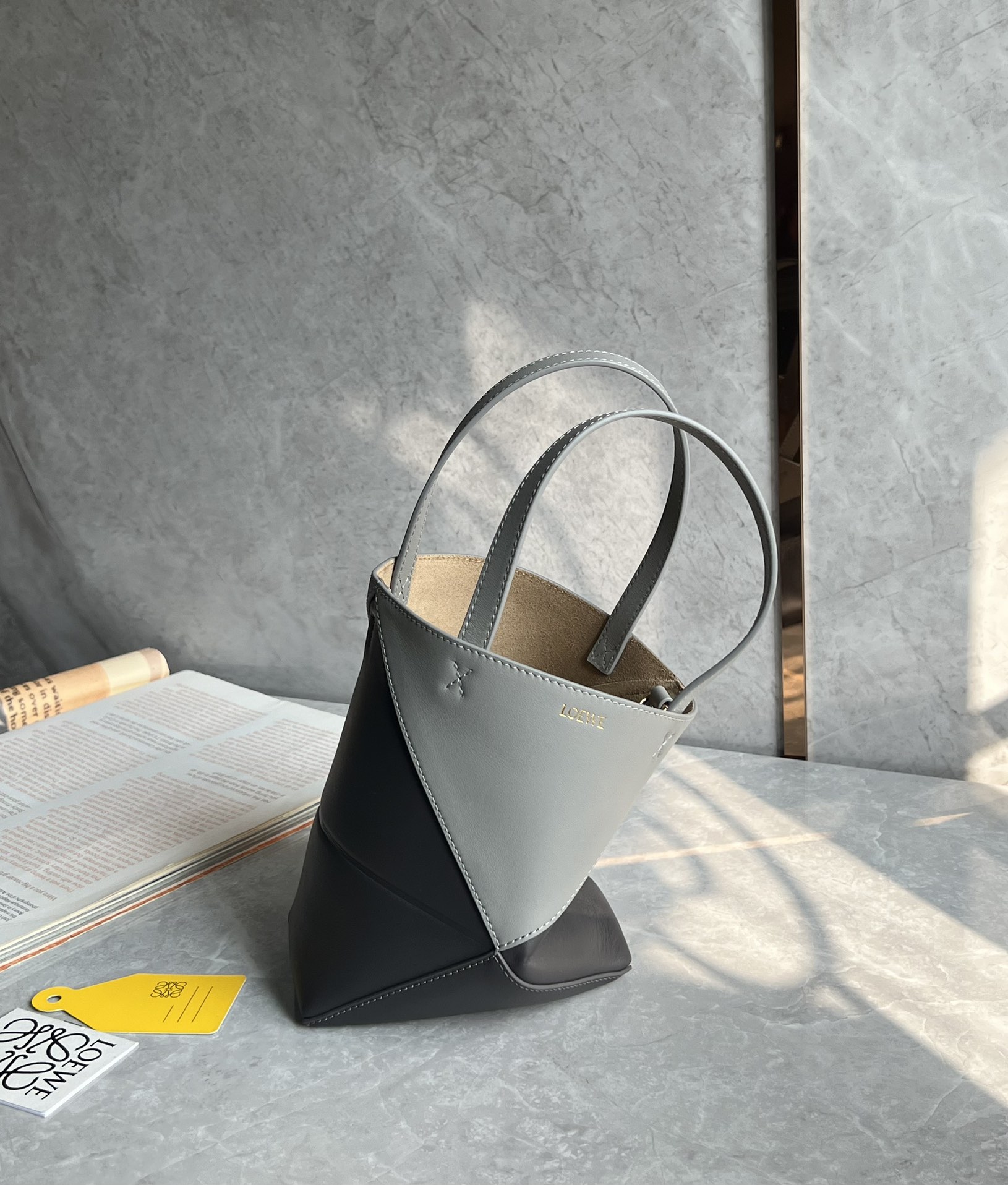 Loewe Mini Puzzle Fold Tote in Shiny Calfskin Grey/Dark Grey